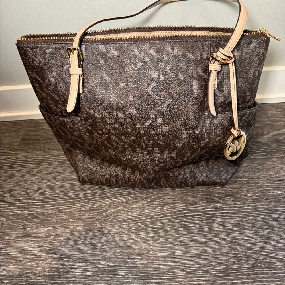 Michael Kors Brown MK Logo Tote with Light Tan Straps and Gold Charm